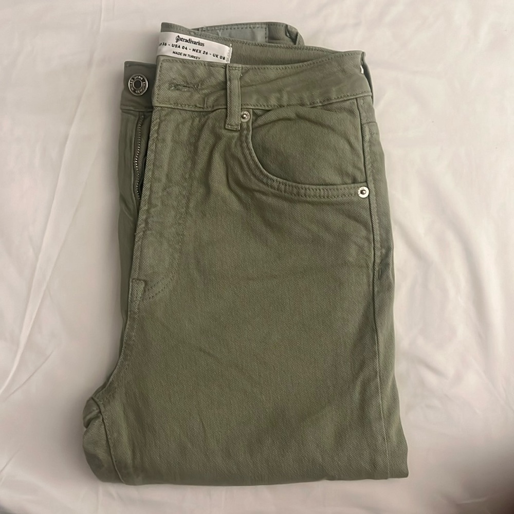 Stradivarius High Waist Army/Sage Green Denim Mom Jeans